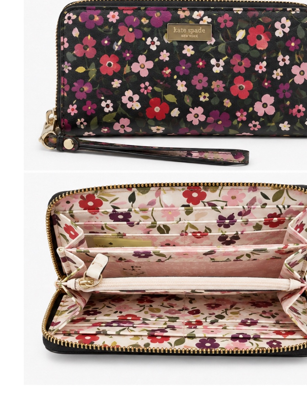 kate spade Black Floral Zip-Around Wristlet Wallet with Pink & Red Flowers